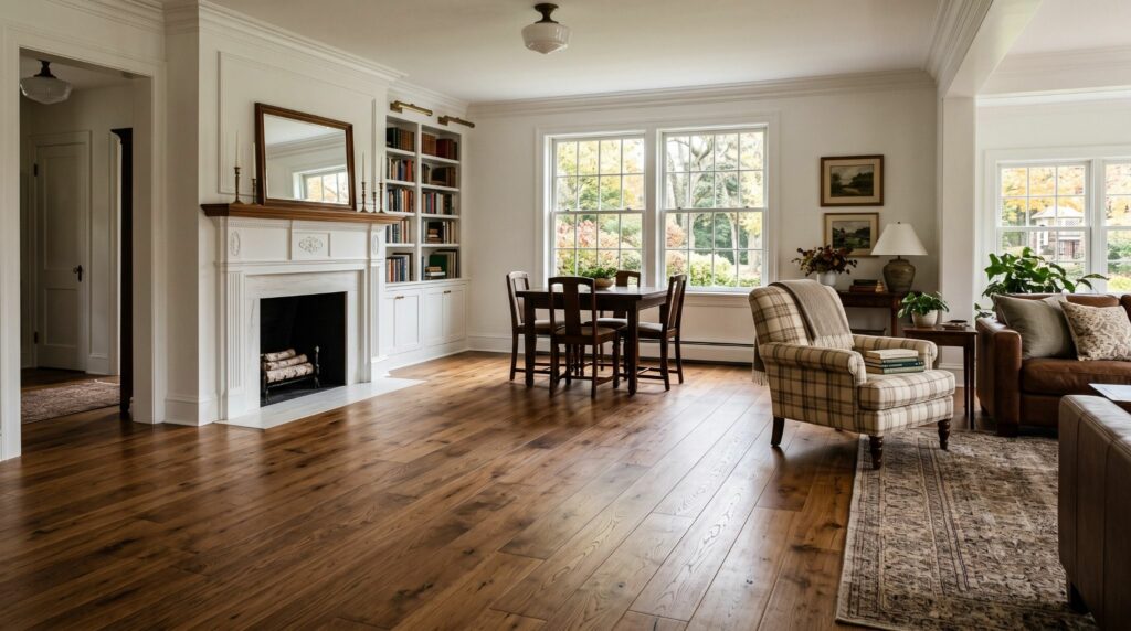 Warm-toned hardwood flooring in a traditional living and dining room