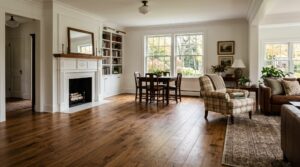Warm-toned hardwood flooring in a traditional living and dining room